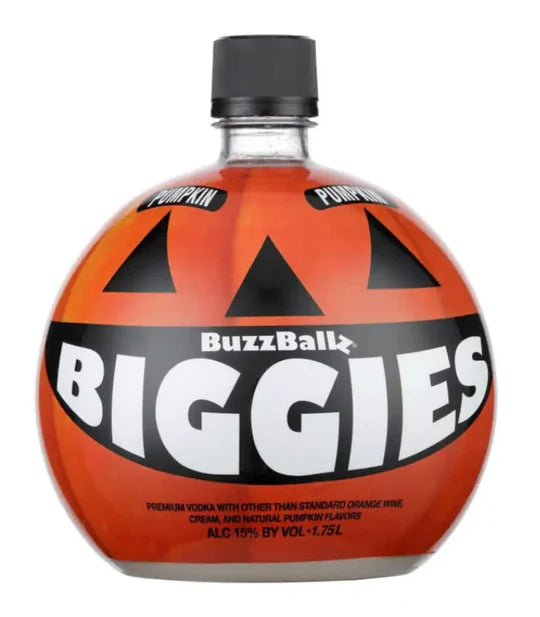 Buzzballz Pumpkin Biggies Pre-Mixed Cocktail bottle with Halloween-themed design and pumpkin flavor.