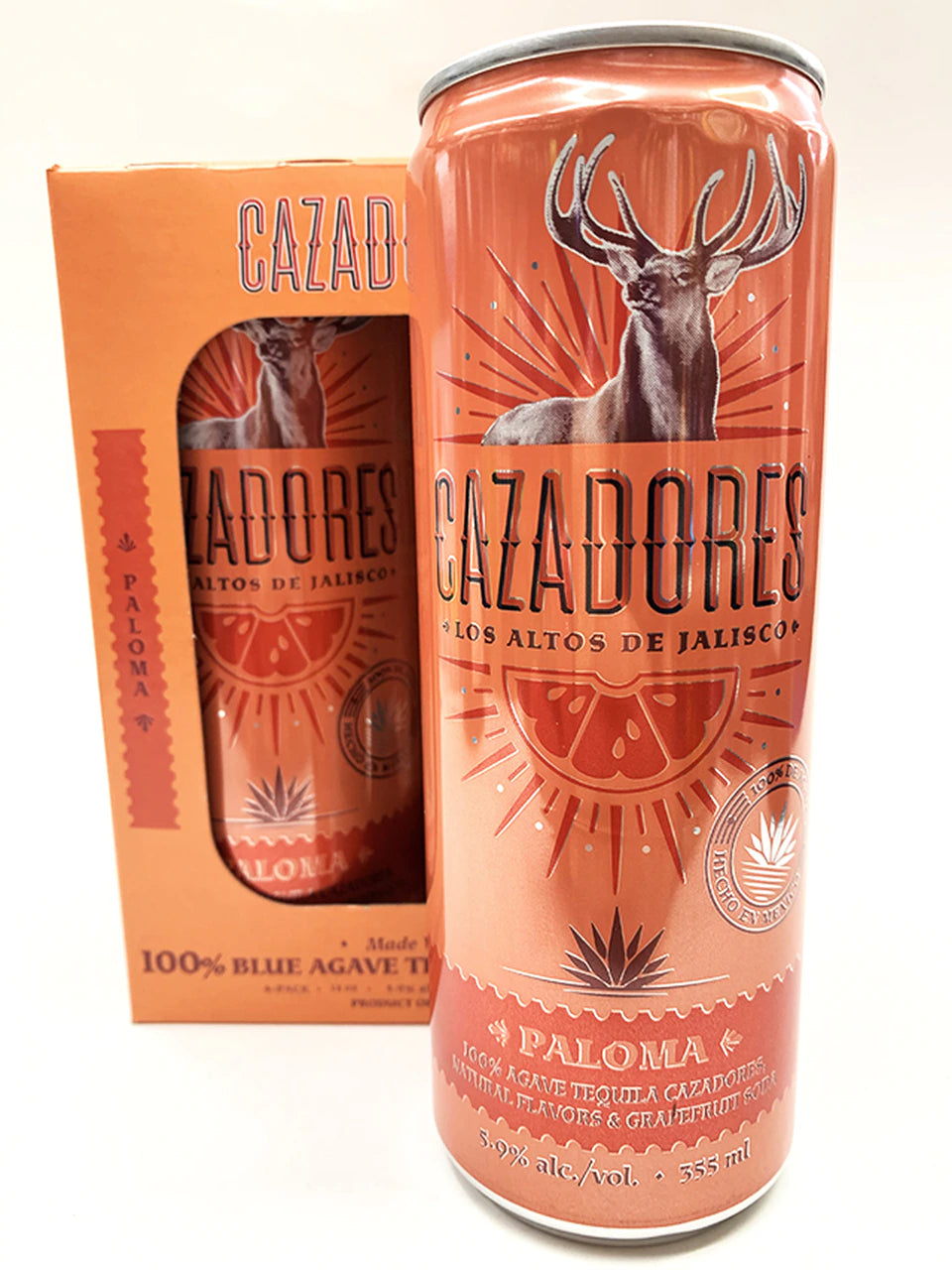 Cazadores Tequila Paloma ready-to-drink can in 12oz size with packaging, featuring award-winning Cazadores Blanco tequila and grapefruit soda