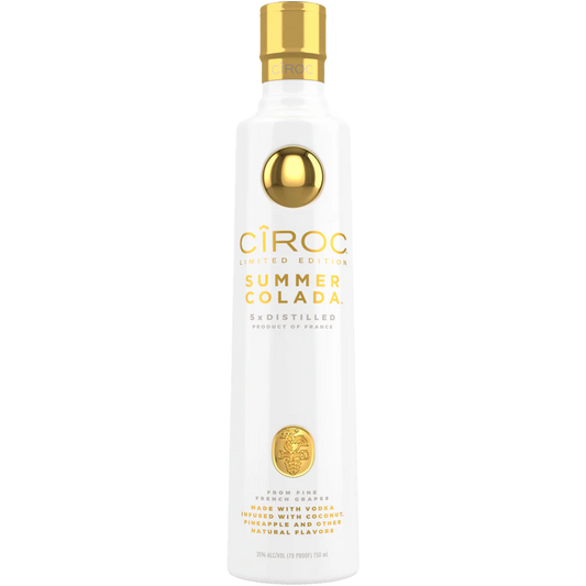 Ciroc Vodka Summer Colada limited edition bottle infused with real pineapple and coconut flavors, evoking a tropical vacation experience.