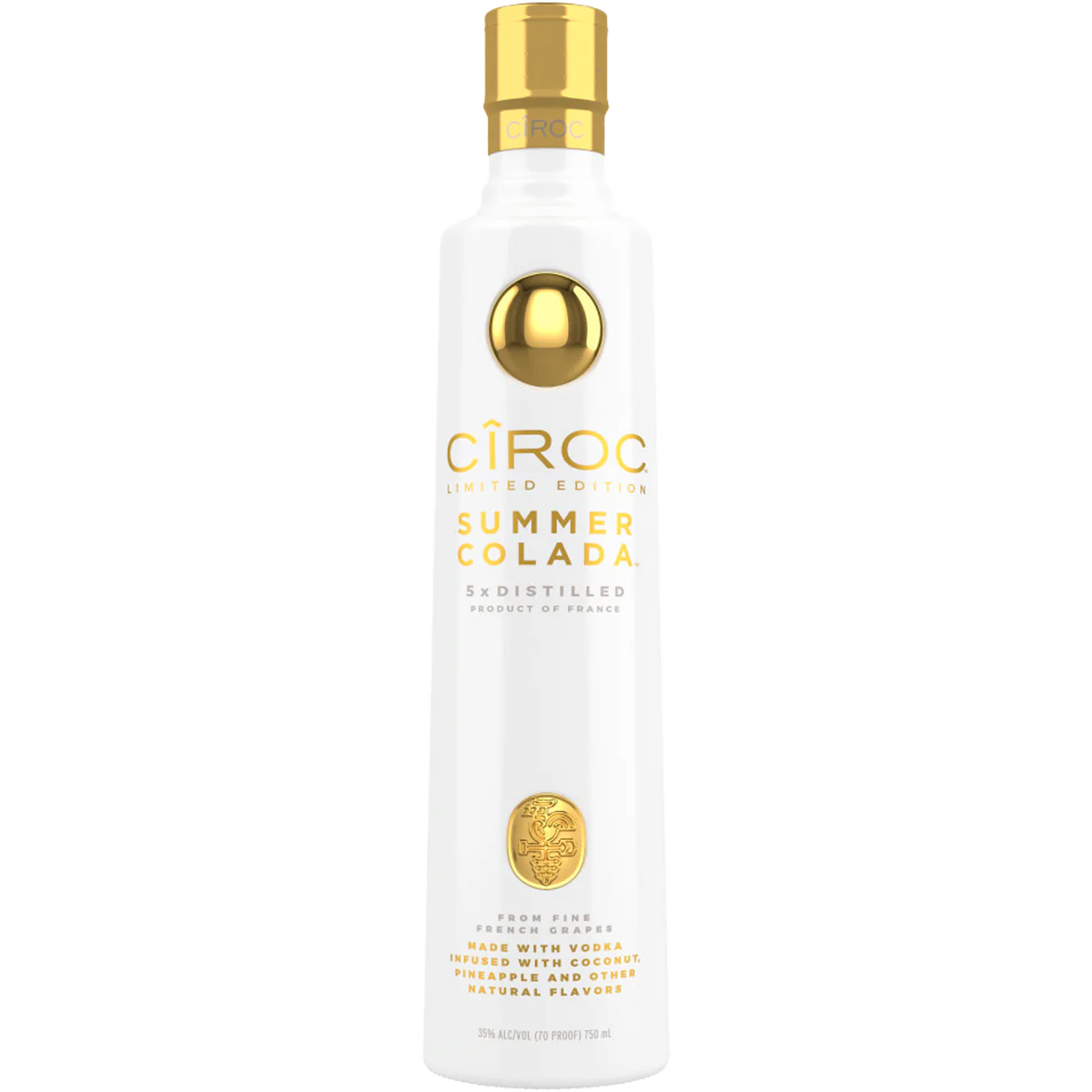 Ciroc Vodka Summer Colada limited edition bottle infused with real pineapple and coconut flavors, evoking a tropical vacation experience.