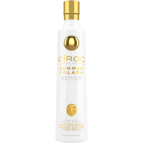 Ciroc Vodka Summer Colada limited edition bottle infused with real pineapple and coconut flavors, evoking a tropical vacation experience.