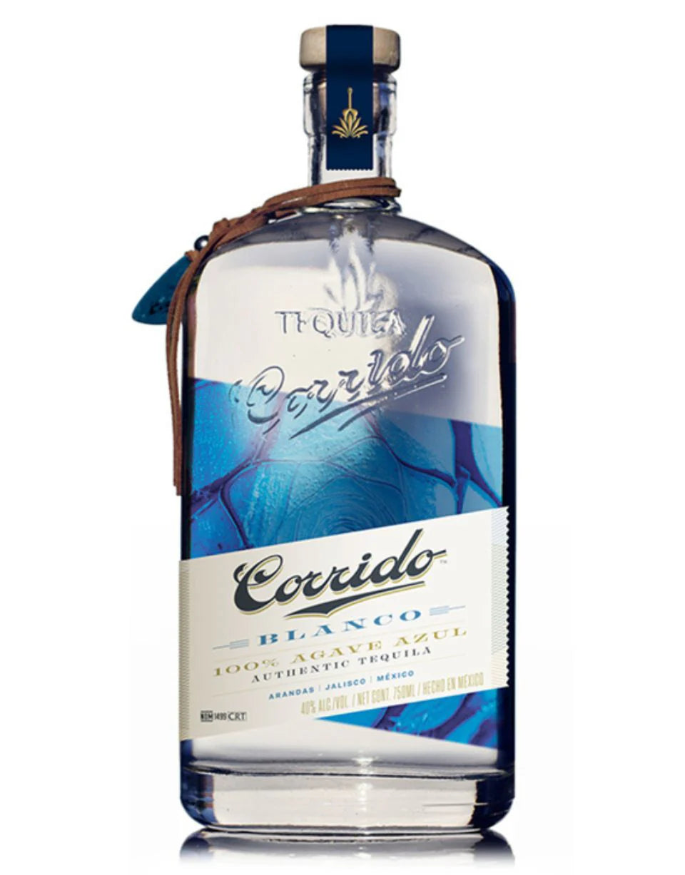 Corrido Blanco Tequila bottle showcasing its elegant design and blue accents, crafted from 100% blue Weber agave.