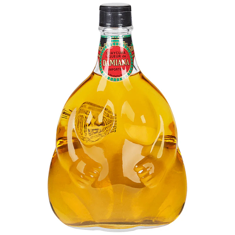 Damiana Herb Liqueur Bottle with Amber Liquid and Unique Design