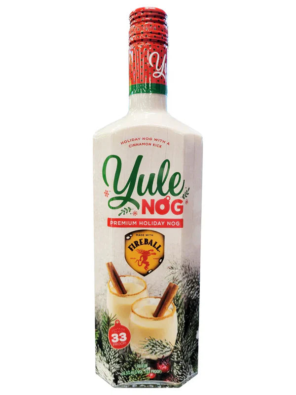 Fireball Yule Nog bottle with festive label and cinnamon stick drink, perfect for holiday celebrations.