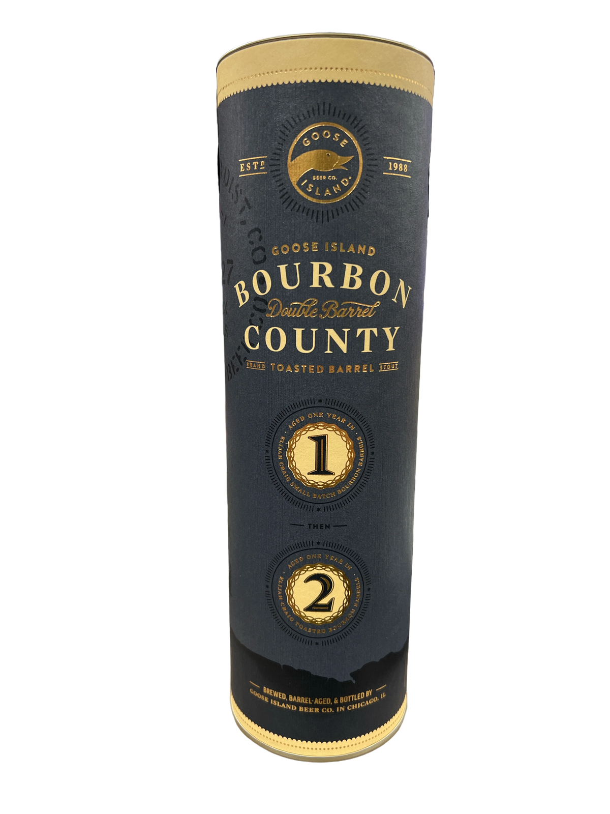 Goose Island Bourbon County Double Barrel Toasted Barrel Stout 2021 packaging with gold and dark labels