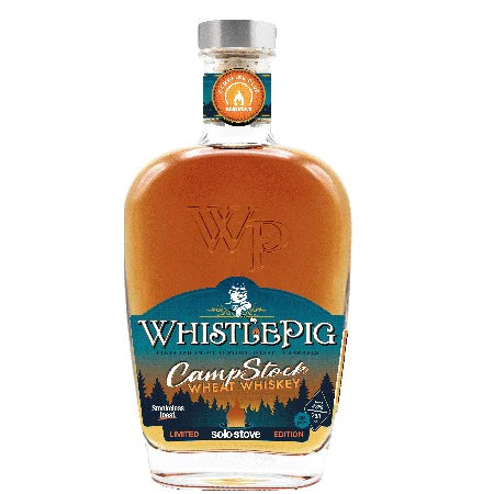 Bottle of Whistlepig CampStock Wheat Whiskey with a smooth, rich flavor and notes of honey, vanilla, and pepper