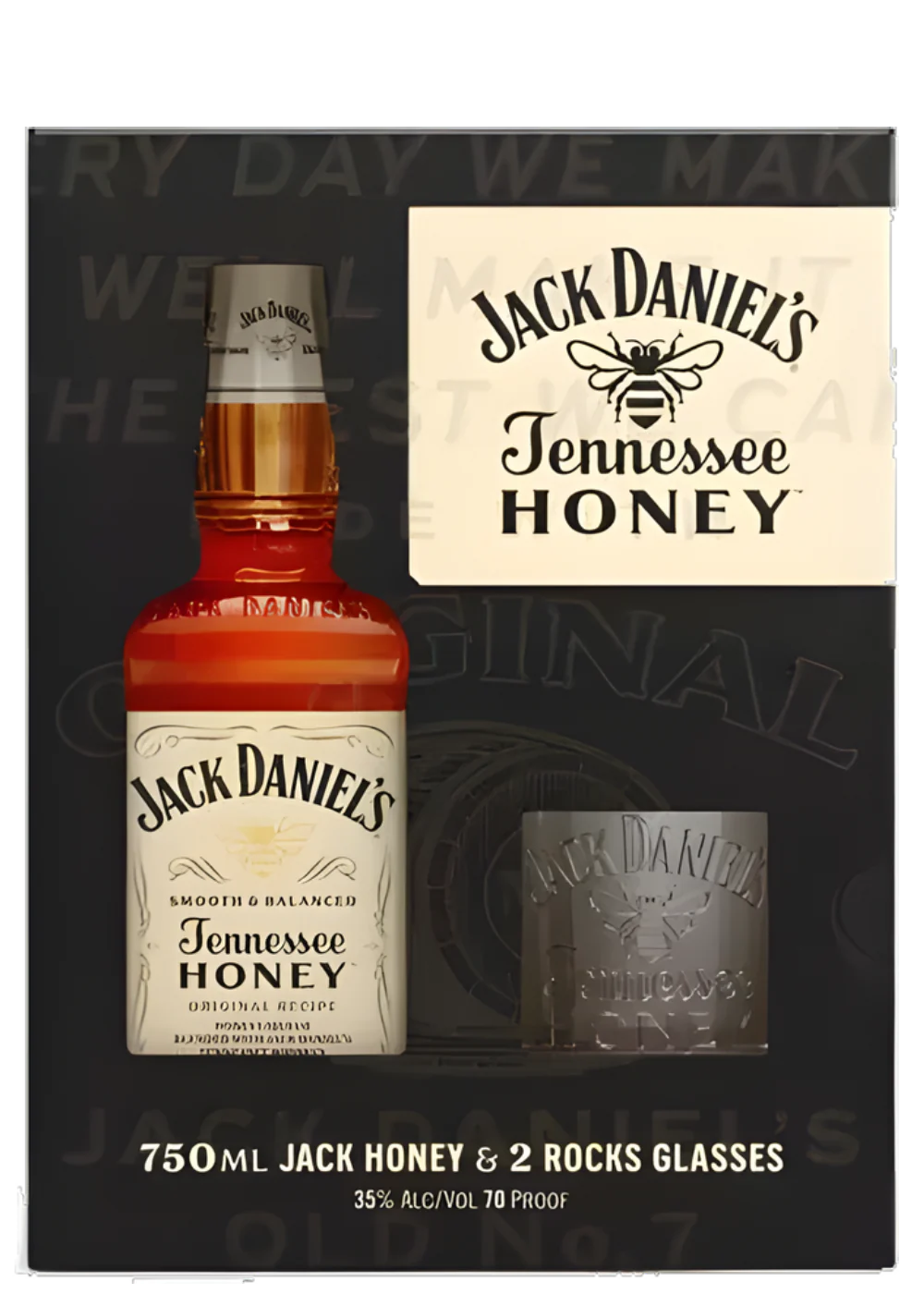 Jack Daniels Tennessee Honey 750ml bottle with 2 rocks glasses gift pack for the perfect pour.