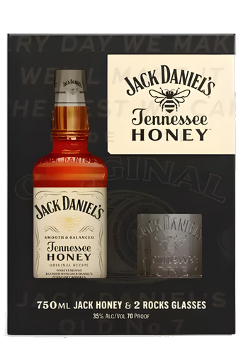 Jack Daniels Tennessee Honey 750ml bottle with 2 rocks glasses gift pack for the perfect pour.