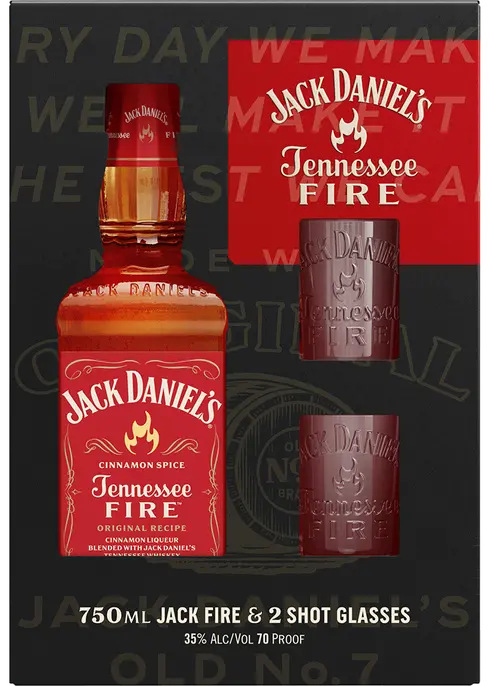 Jack Daniels Tennessee Fire whiskey bottle with 2 shot glasses, featuring bold cinnamon spice flavor. Perfect gift set.