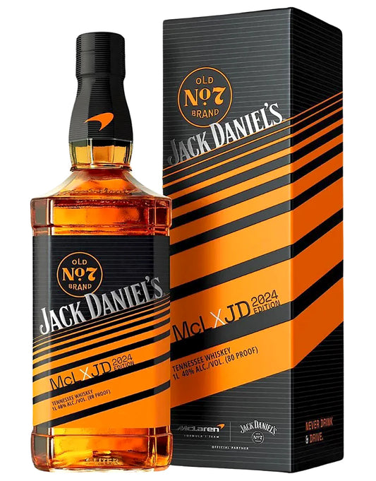 Jack Daniel's Whiskey McLaren Racing Limited Edition 2024 bottle and packaging, showcasing sleek design and vibrant colors.