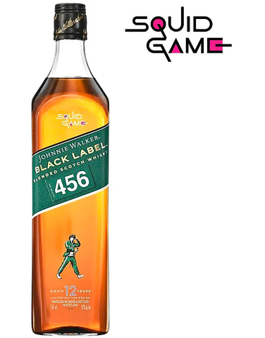 Johnnie Walker Black Label Squid Game Limited Edition bottle featuring iconic design and vibrant whisky color.