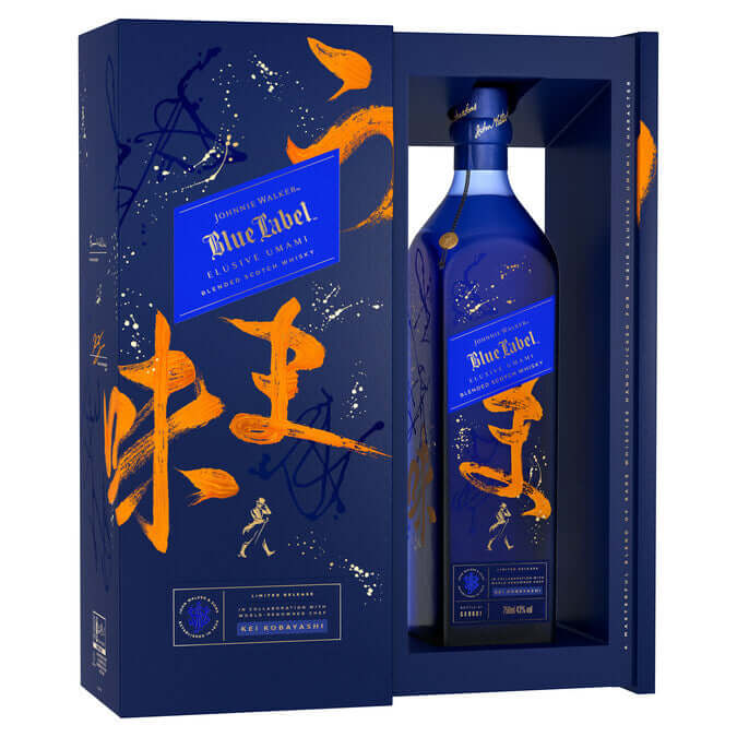 Johnnie Walker Blue Label Elusive Umami Limited Edition bottle and box with artistic design