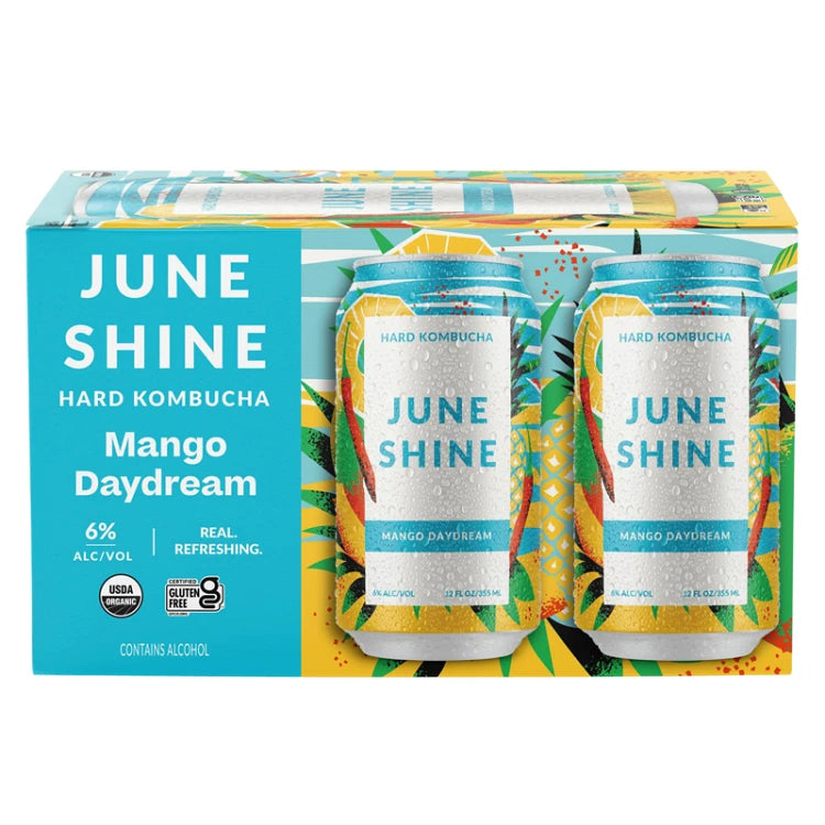 JuneShine Mango Daydream Hard Kombucha 6-pack with vibrant tropical packaging