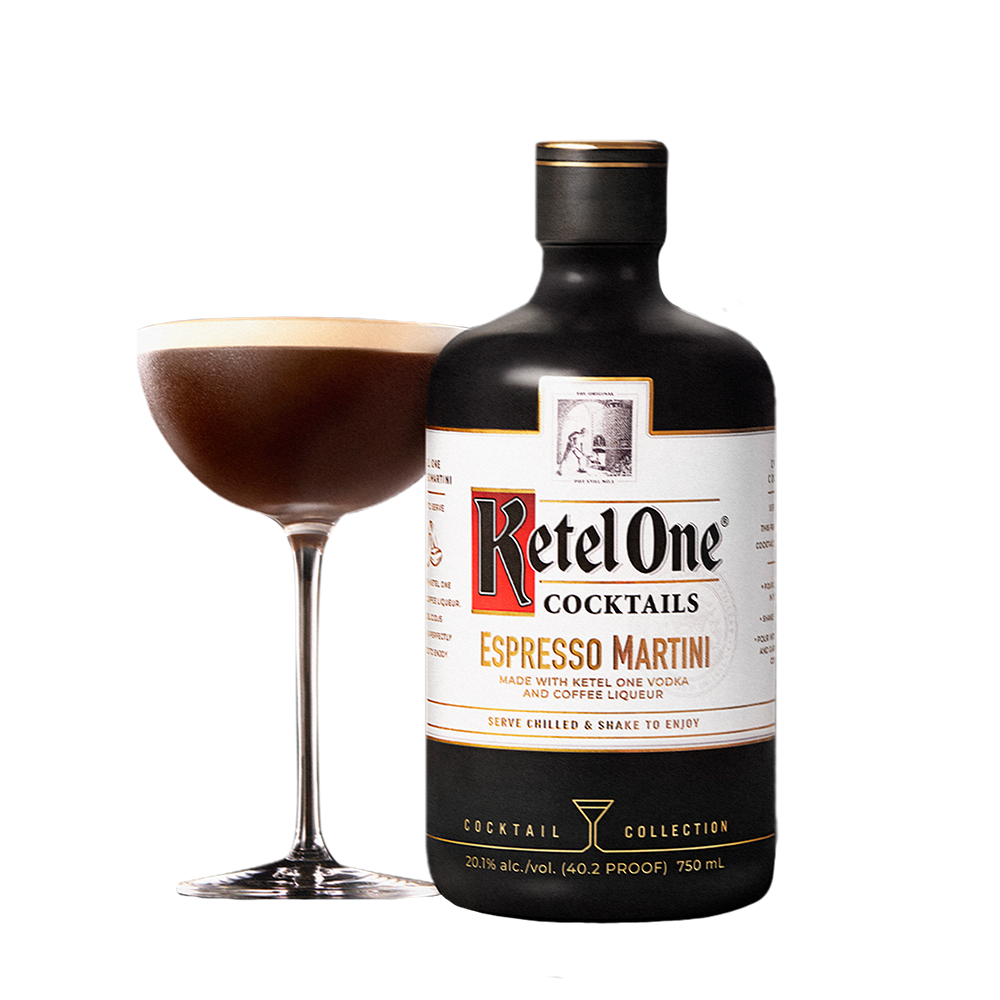 Bottle of Ketel One Cocktails Espresso Martini with a served espresso martini beside it