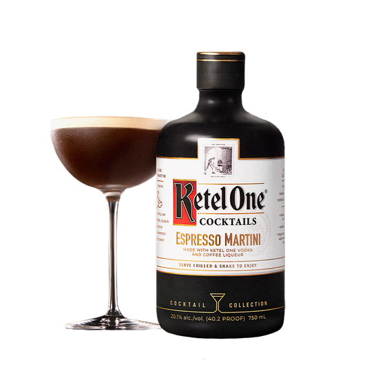 Bottle of Ketel One Cocktails Espresso Martini with a served espresso martini beside it