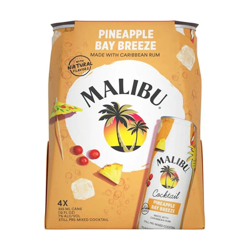 Malibu Pineapple Bay Breeze 4-pack with pineapple and cranberry flavors, ready-to-drink canned cocktail made with Caribbean rum