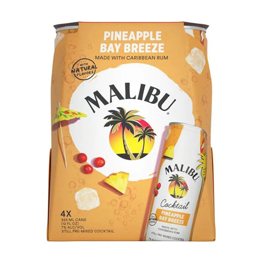 Malibu Pineapple Bay Breeze 4-pack with pineapple and cranberry flavors, ready-to-drink canned cocktail made with Caribbean rum