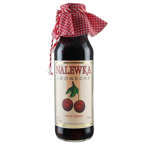 Nalewka Lwowecka Cherry Liqueur bottle with a traditional red and white patterned cloth on top.