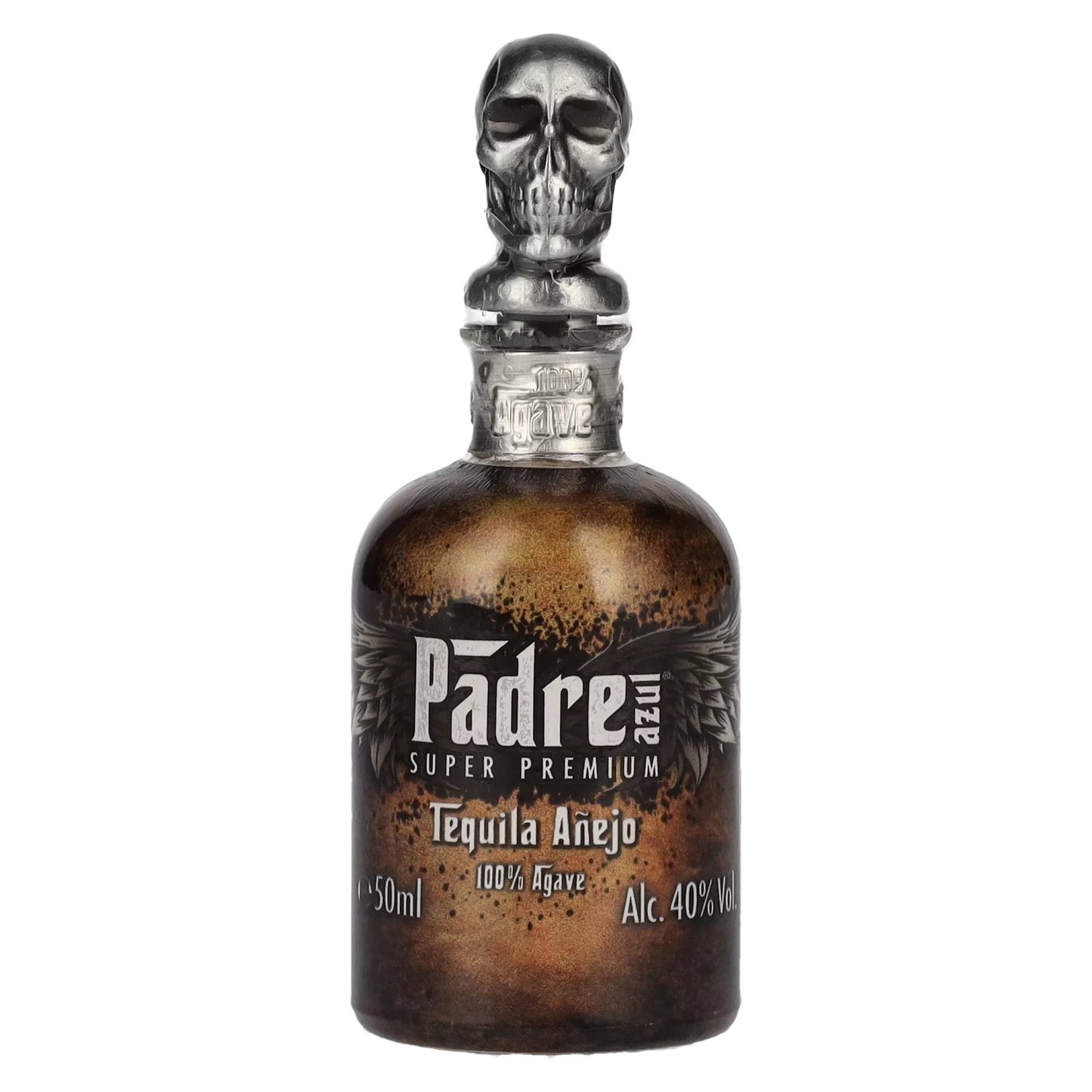 Padre Azul Añejo Tequila 750ml bottle with skull cap, matured in oak bourbon barrels, super premium, 40% ABV, smooth and complex flavors