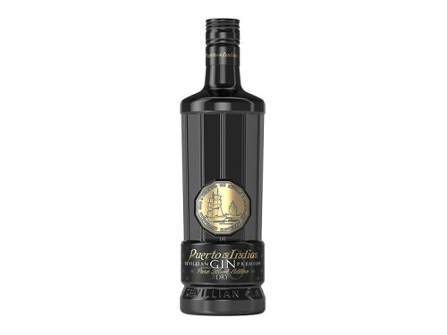 Puerto De Indias Sevillian Premium Black Edition Gin bottle from Andalusia, Spain with gold and black stylish packaging.