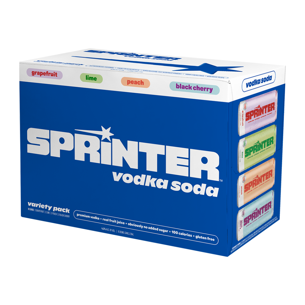 Sprinter Vodka Soda Variety Pack with flavors grapefruit, lime, peach, and black cherry in blue packaging curated by Kylie Jenner