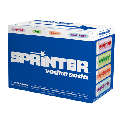 Sprinter Vodka Soda Variety Pack with flavors grapefruit, lime, peach, and black cherry in blue packaging curated by Kylie Jenner