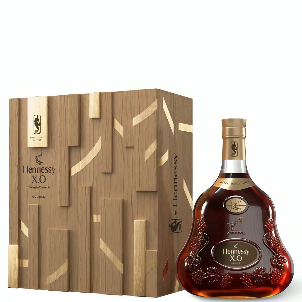 Hennessy XO Cognac NBA 2024 Collector's Edition bottle and wooden box packaging.