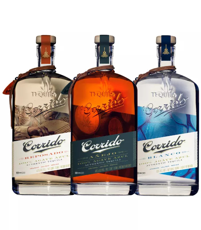 Corrido Tequila Bundle featuring Blanco, Reposado, and Anejo bottles in elegant packaging.