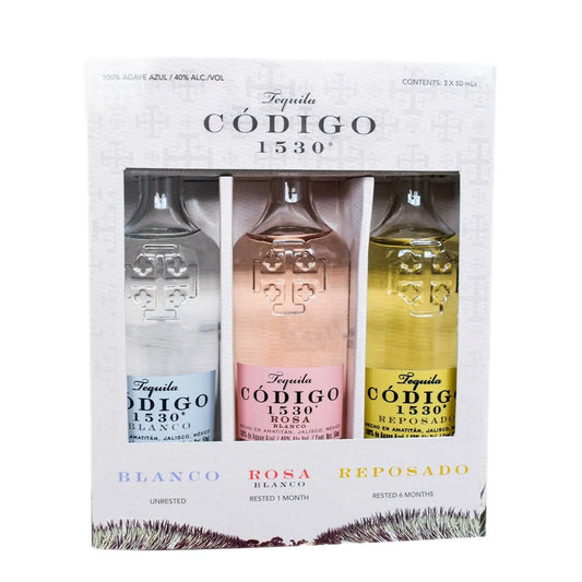 Codigo 1530 Tequila Combo Pack of Blanco, Rosa Blanco, and Reposado, 3x 375ml bottles, 40% alcohol, front view.