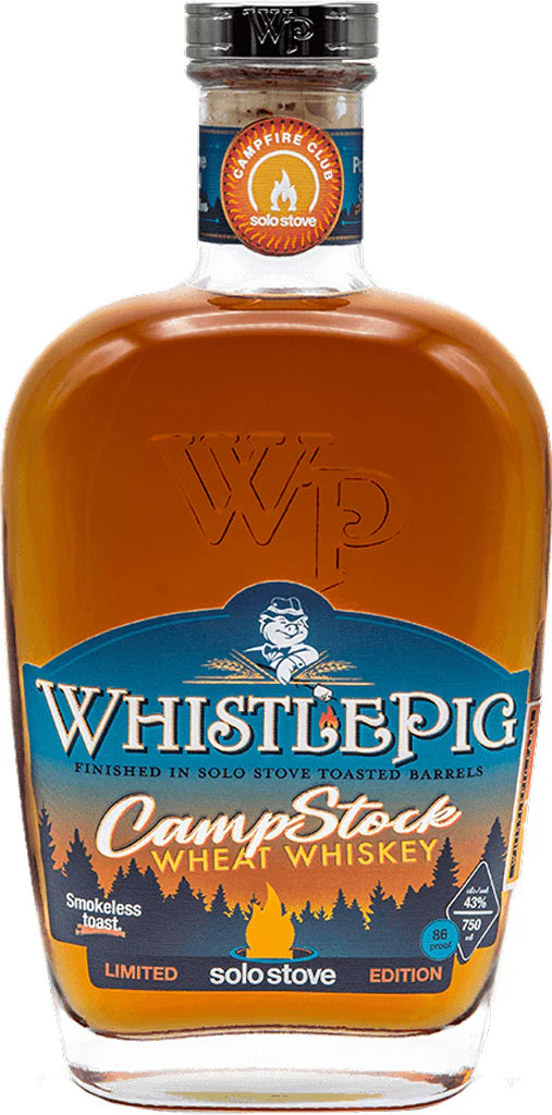 Bottle of Whistlepig CampStock Wheat Whiskey with blue and orange label, showcasing premium crafted flavor in limited edition.