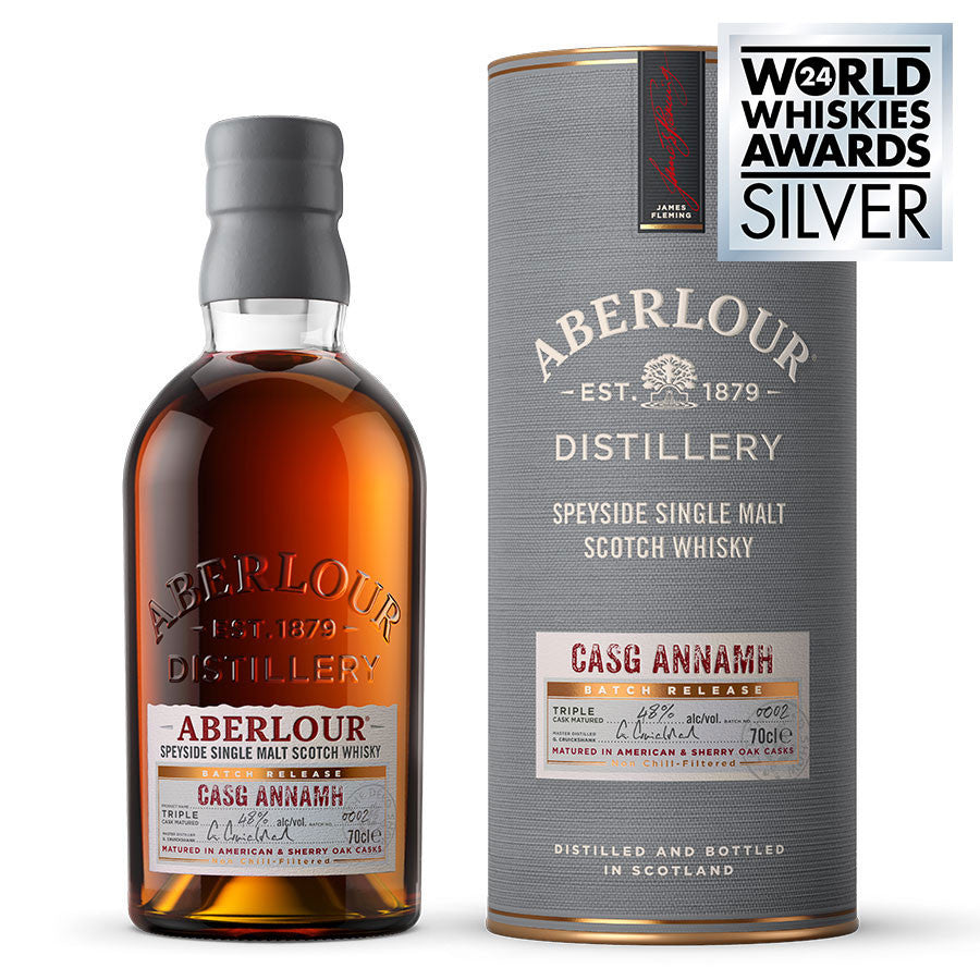 Aberlour Casg Annamh single malt whisky bottle and packaging, World Whiskies Awards Silver winner, matured in sherry and American oak casks.