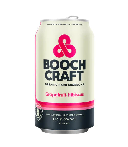 Booch Craft Grapefruit Hibiscus Organic Hard Kombucha can, a blend of tangy grapefruit and delicate hibiscus flavors, 12 fl oz.