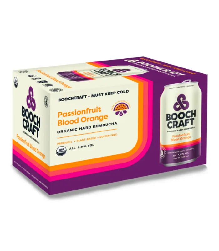 Boochcraft Passionfruit Blood Orange Hard Kombucha 6-pack, organic and gluten-free with 7.0% alcohol content.