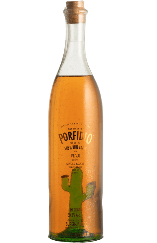 Porfidio Single Agave Single Barrel Tequila Extra Anejo bottle with golden amber tequila and signature cactus glass design.