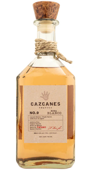 CAZCANES NO 9 Tequila Rosa Blanco 750 ML bottle with cork stopper and label featuring brand and product details.