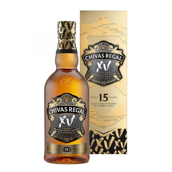 Chivas Regal XV 15 Year Old blended Scotch whisky bottle and box with refined packaging.