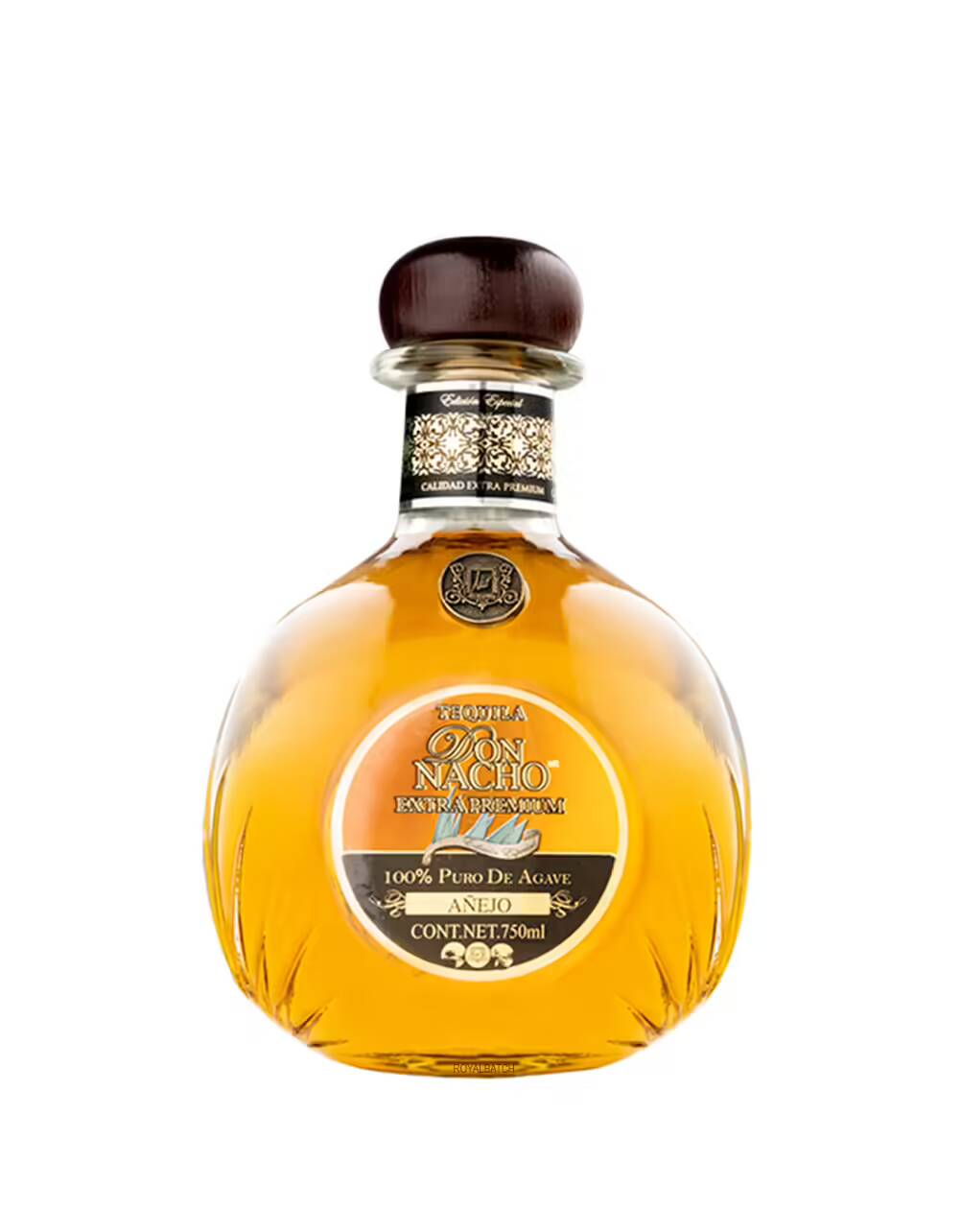 Bottle of Don Nacho Añejo Tequila made from 100% Blue Weber Agave, aged for 18 months in oak barrels, showcasing its rich amber color.