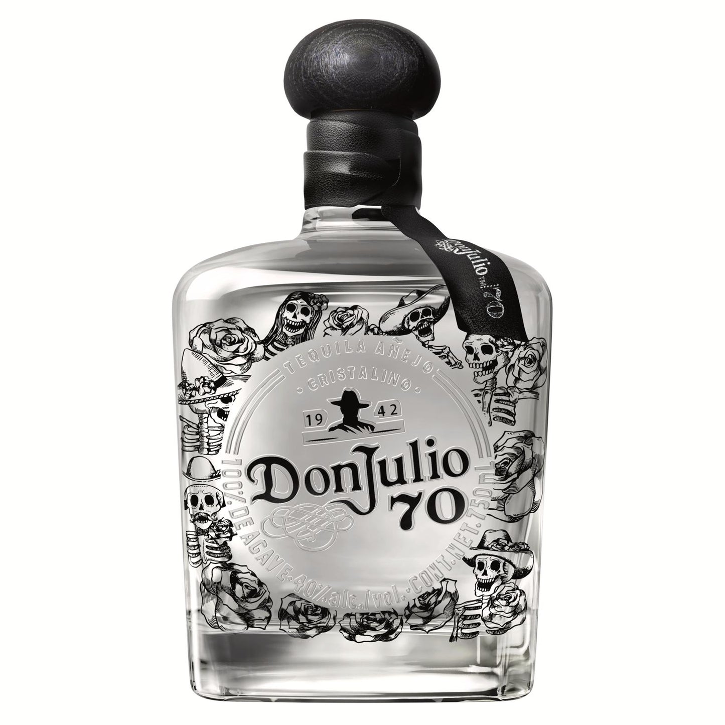 Don Julio 70th Day of the Dead 2024 Limited Edition Crystal Añejo Tequila in commemorative bottle with intricate skull design