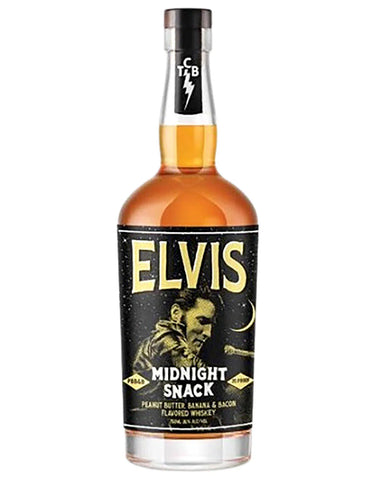 Elvis Midnight Snack Whiskey bottle with peanut butter, banana, and bacon flavor inspired by iconic singer and his late-night snacks.