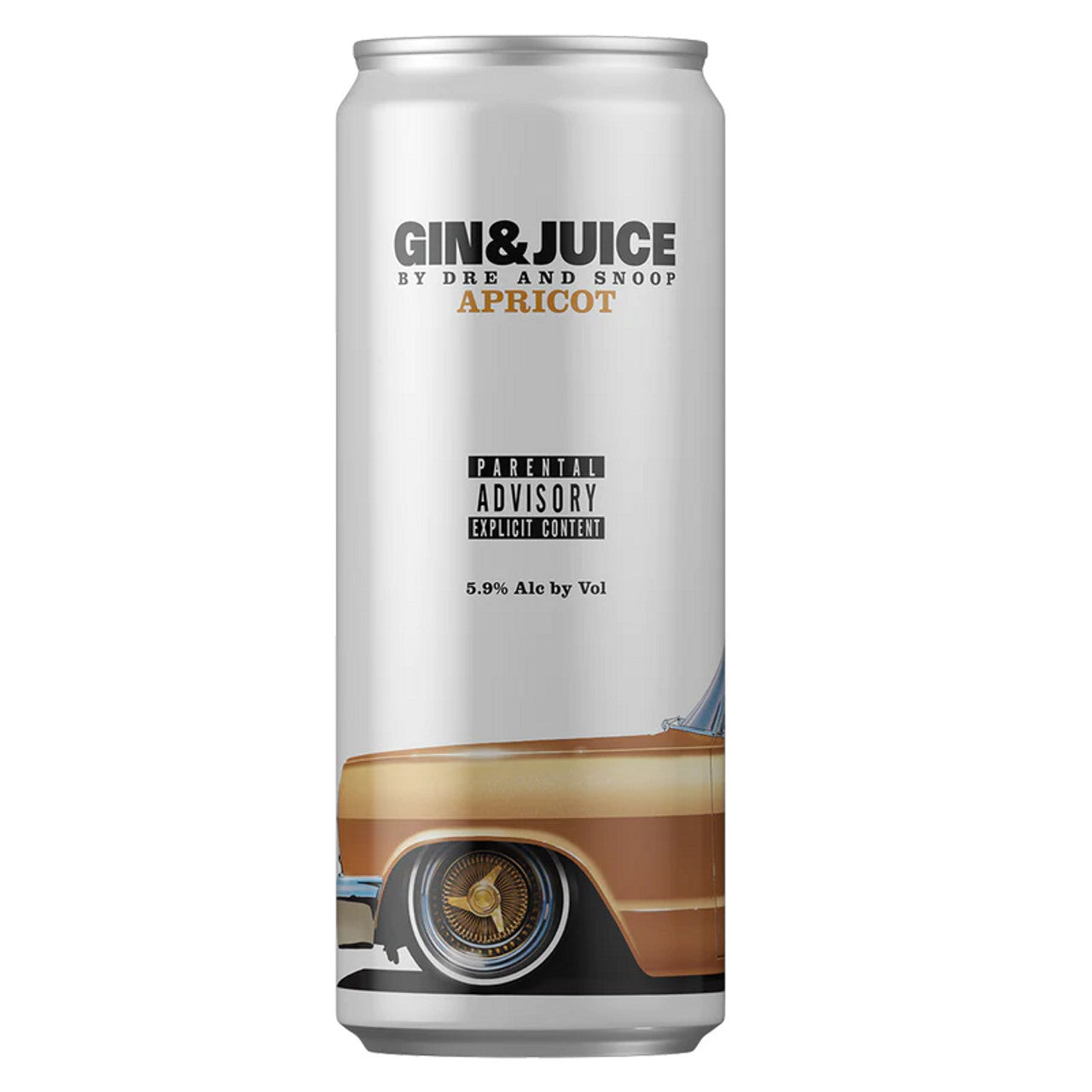 Gin & Juice by Dre and Snoop Apricot 4-Pack ready-to-drink cocktail can with car image, premium gin and apricot flavor.