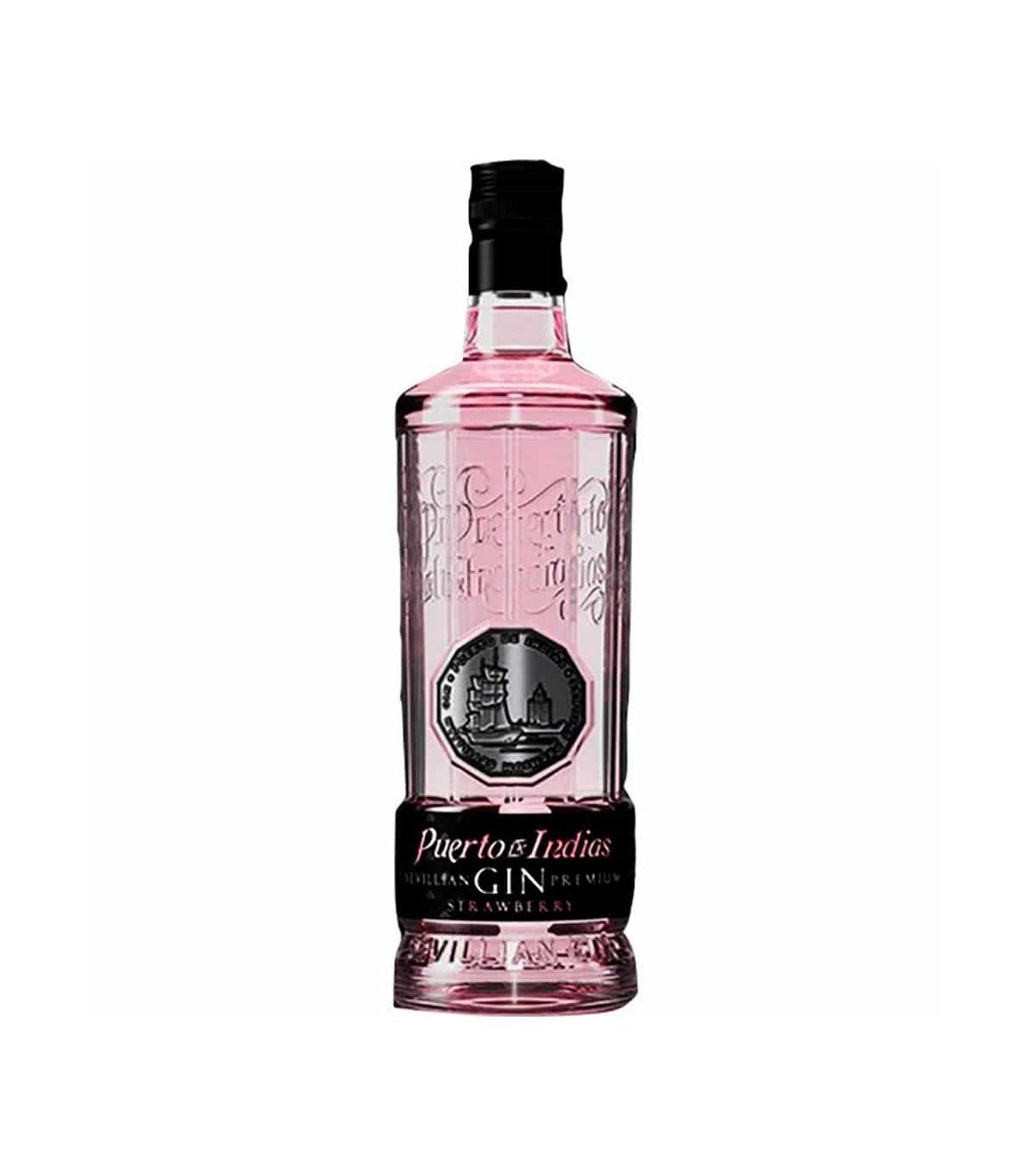 Bottle of Puerto de Indias Strawberry Gin from Sevilla, Spain with sweet strawberry and juniper aroma.