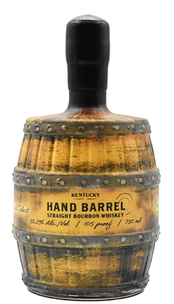 Hand Barrel Single Barrel Select Kentucky Straight Bourbon Whiskey bottle in barrel-shaped design.