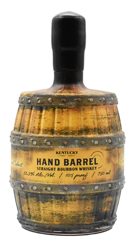 Hand Barrel Single Barrel Select Kentucky Straight Bourbon Whiskey bottle in barrel-shaped design.