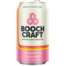 Can of Boochcraft Strawberry Lemonade Hard Kombucha with probiotic benefits and a refreshing blend of strawberries and lemonade.