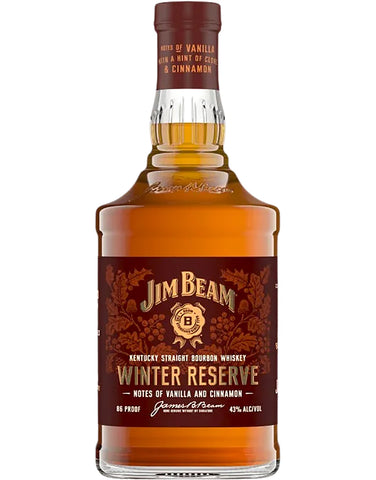 Jim Beam Winter Reserve Limited Edition Bourbon bottle showcasing rich amber color, notes of vanilla and cinnamon.