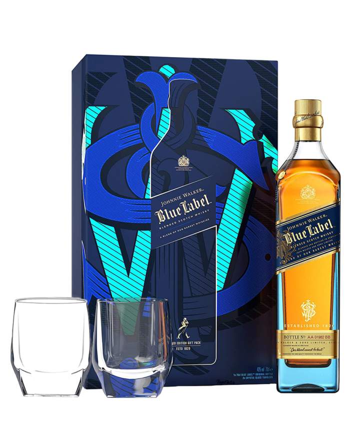 Johnnie Walker Blue Scotch Gift Set With Two Crystal Glasses