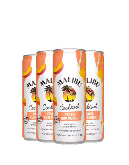 Malibu Rum Punch 4-pack cans, a tropical peach and orange flavored ready-to-drink cocktail made with Caribbean rum.