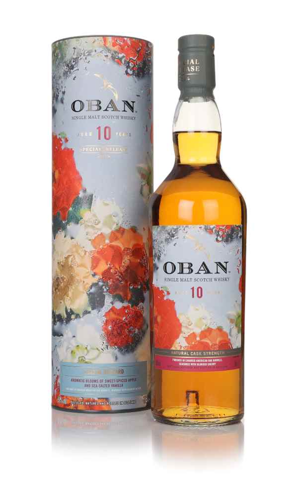 Oban 10 Year Old 2024 Special Release Scotch whisky bottle and packaging showcasing vibrant floral design.