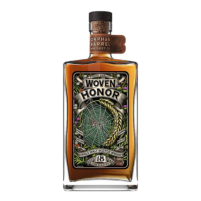 Orphan Barrel Woven Honor 18 Year Old Single Malt Scotch Whisky bottle with ornate label design.