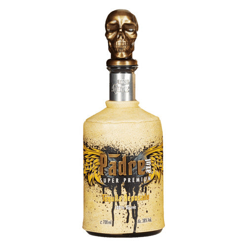 Padre Azul Tequila Reposado bottle with distinctive skull cap, matured in oak barrels, 40% ABV, Kosher, Gluten-Free, 750ml